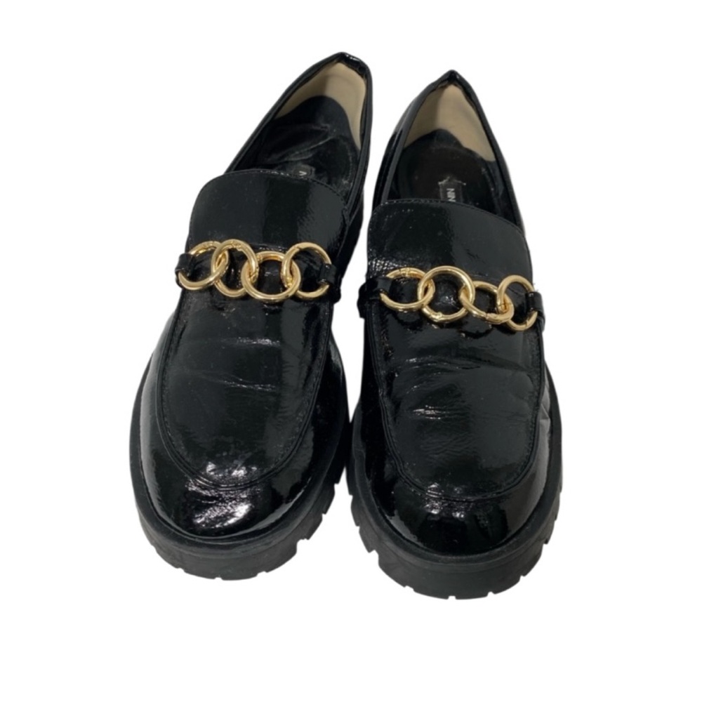Nine West Women’s Patent Slip-On Black With Gold chain Loafers Size 10